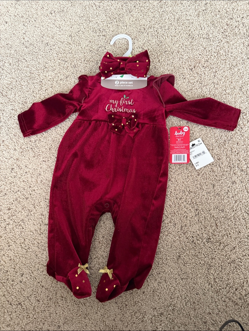 Baby Starters Burgundy 'My First Christmas' Velvet Footed One-Piece with Bows